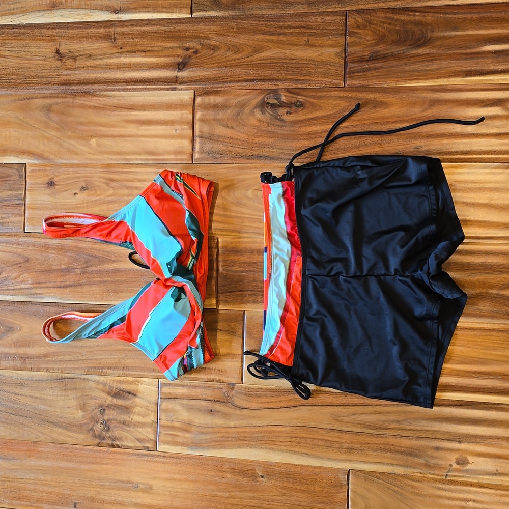 Bikini size med black, orange, teal and green